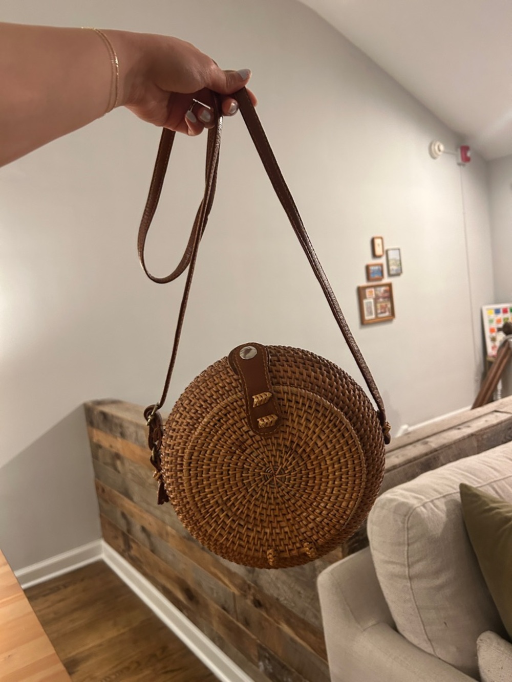 Round Woven Crossbody Bag in Brown